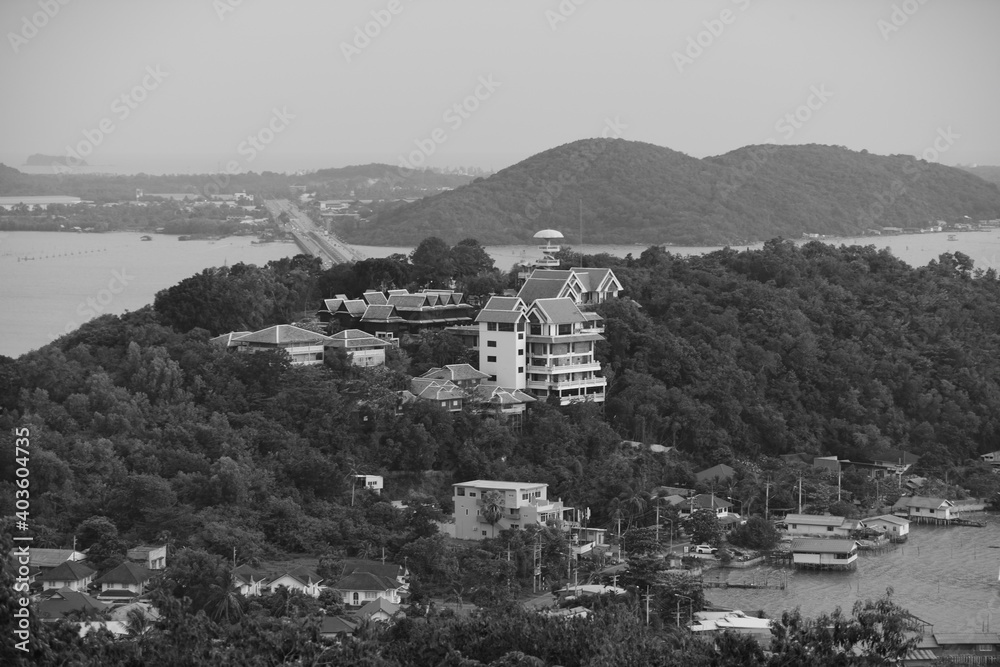 Black and white photos of a bird's-eye view of the town and fishing communities From the top of the mountain at the highest point of Koh Yor, Songkhla Province, Thailand