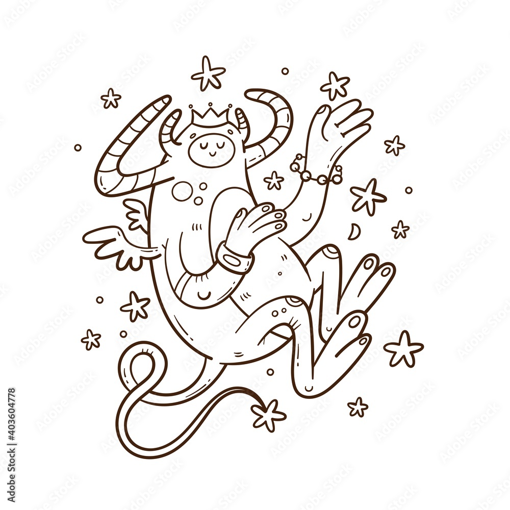 Card with cute cartoon monster and stars. Funny animal print. Illustration for children. Fabulous doodle space creature poster. Card with cute cartoon monster and stars. Funny animal print. Illustration for children. Fabulous doodle space creature poster.