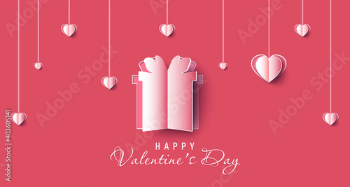 Valentine day sale banner background. Red hearts. Cute love banner or Valentines papercut greeting card. Vector illustration.