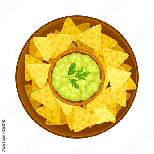 Crunchy Nachos with Guacamole Sauce on Plate as Traditional Mexican Dish Vector Illustration