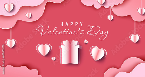 Valentine day sale banner background. Red hearts. Cute love banner or Valentines papercut greeting card. Vector illustration.