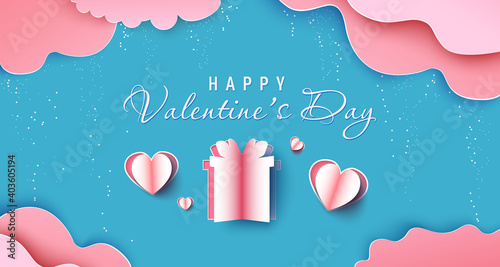 Valentine day sale banner background. Red hearts. Cute love banner or Valentines papercut greeting card. Vector illustration.