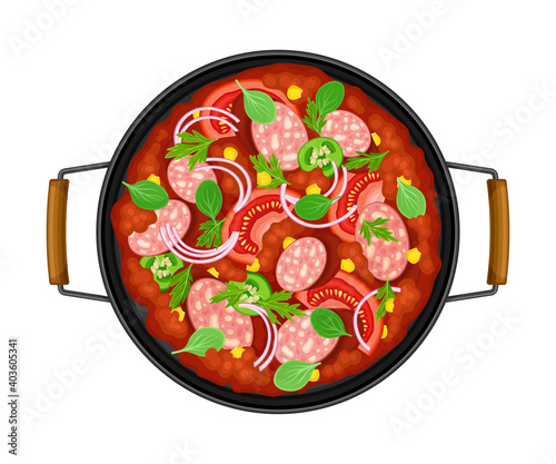 Stew with Forced Meat, Tomatoes and Salami in Frying Pan as Traditional Mexican Dish Vector Illustration
