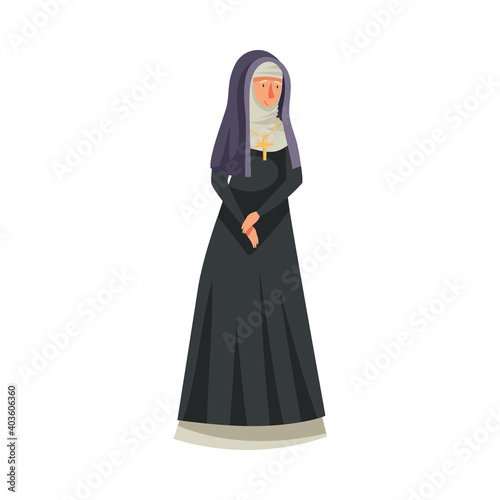 Medieval Woman Nun or Vestal Wearing Black Gown Vector Illustration