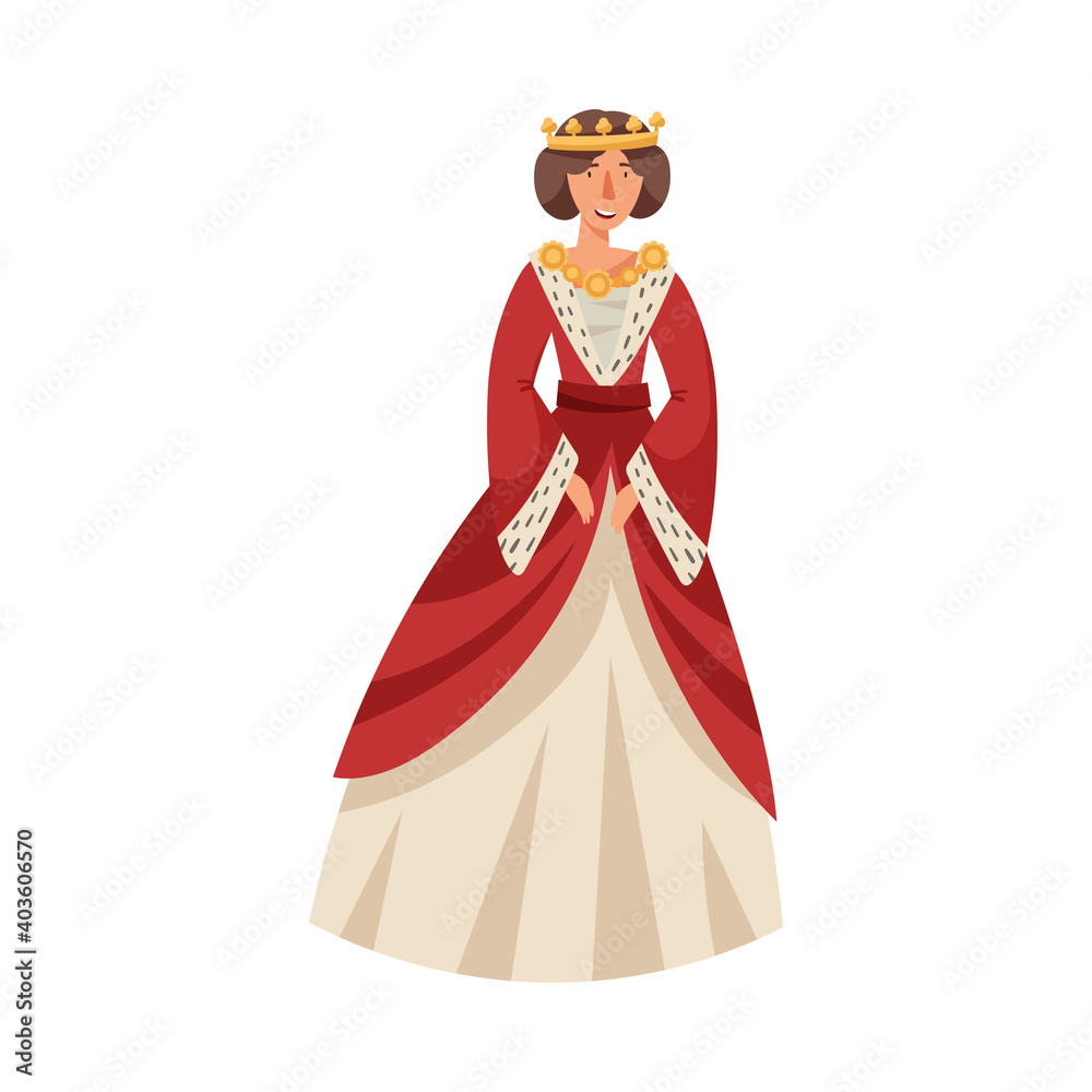 Medieval Queen with Golden Crown in Standing Pose Vector Illustration