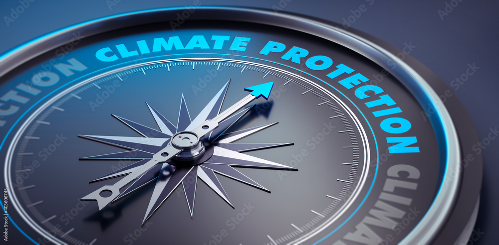 Dark compass with needle pointing to the words climate protection - 3D Illustration Dark compass with needle pointing to the words climate protection - 3D Illustration