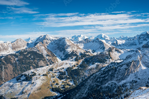 panoramic view from Fromattgrat in Diemtigtal over the Bernese Alps in early winter