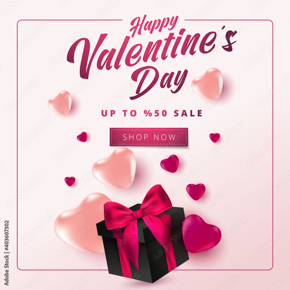 Valentine's Day Sale 50% off Poster or banner with hearts and realistic gift box on soft pink background. Shopping and promotion template for Valentine's day concept design.