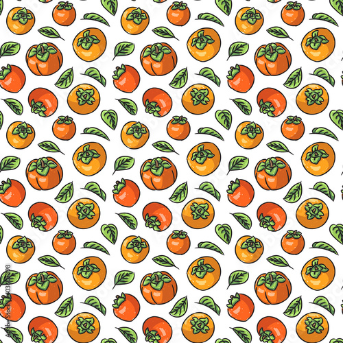 Fototapeta Naklejka Na Ścianę i Meble -  Colorful persimmon fruits vector seamless pattern on white background. Creative doodle style pattern with orange persimmon fruits and green leaves for print, fabric, texture, wallpaper, wrapping