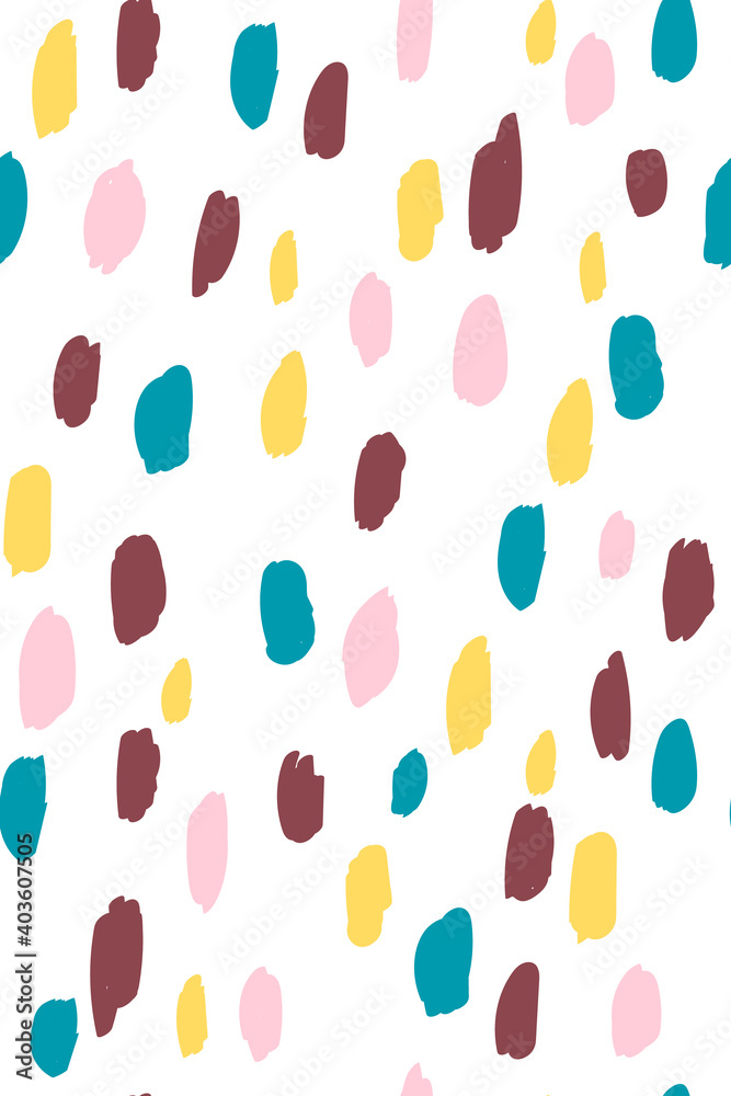 simple seamless pattern of chaotic paint stains hand drawing pink yellow blue dark brown on white background. Printing on fabric, wallpaper, cover, paper, template simple seamless pattern of chaotic paint stains hand drawing pink yellow blue dark brown on white background. Printing on fabric, wallpaper, cover, paper, template