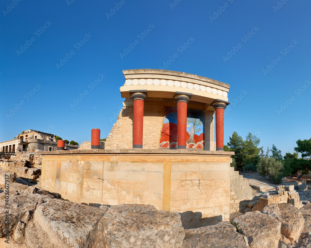 Temple of Cnossos. The North Portico in Knossos, Crete, Greece.Panoramic image with blue sky. Knossos is the largest Bronze Age archaeological site on Crete.