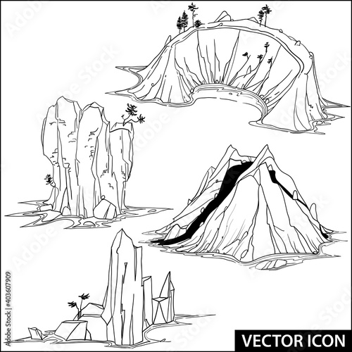 collection of vector icons of rocky islands in the sea