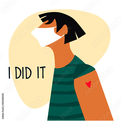 Vaccination time concept. Stop coronavirus concept. Happy man after vaccine injection in shoulder. Vector illustration with I Did It text. Campaign banner, poster, flyer, social media post template