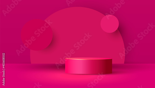 Color abstract mock up scene with cylinder podium or platform, circle shapes on pink background. Minimal scene with geometrical forms for product presentation.