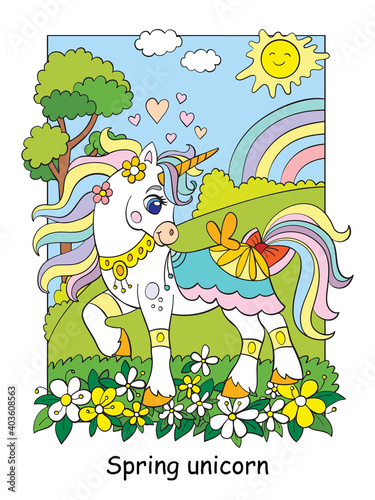 Cute spring unicorn with flowers colorful vector