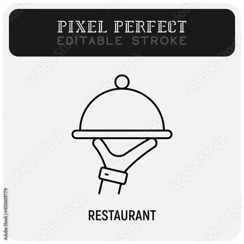 Food service thin line icon: cloche in waiter's hand. Pixel perfect, editable stroke. Vector illustration of restaurant delivery.