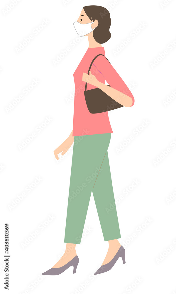 Illustration of a middle-aged woman walking with a mask Illustration of a middle-aged woman walking with a mask