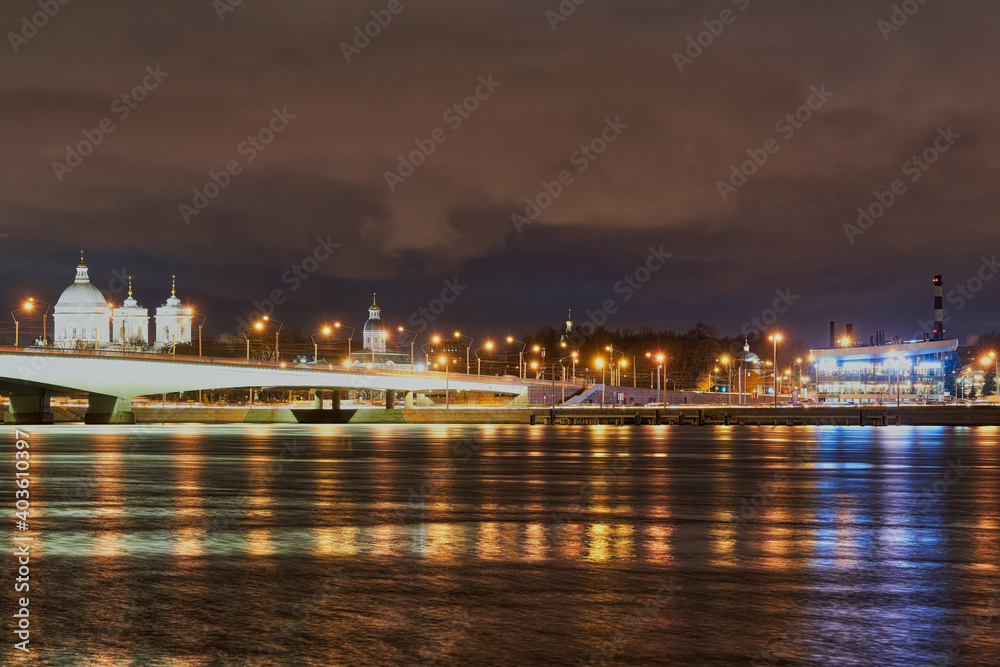 Russia, St Petersburg, Night view of the Alexander Nevsky Bridge on Neva River