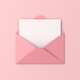 Blank white card in pink envelope isolated on pink pastel color background with shadow love letter minimal conceptual 3D rendering