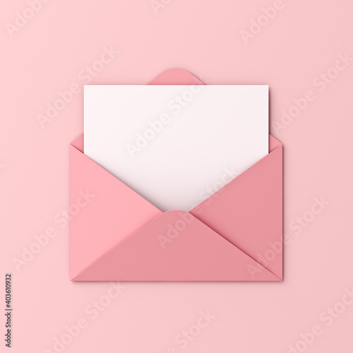Blank white card in pink envelope isolated on pink pastel color background with shadow love letter minimal conceptual 3D rendering photo