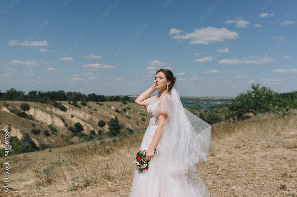 A beautiful, young bride in a white long lace dress stands and poses against a background of hills, blue sky with clouds in nature on a sunny day. Wedding portrait.