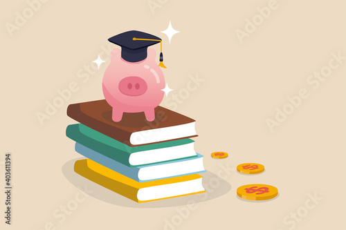 Education fund, collect money for school, college and university cost or student scholarship or loan concept, pink piggy bank wearing graduated hat on stack on school textbooks and dollar money coins.