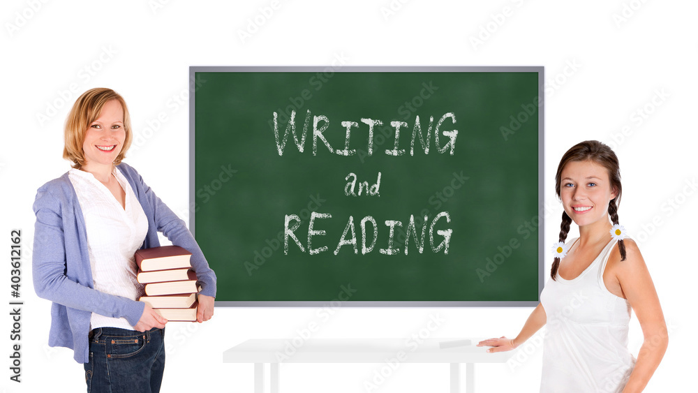 Young teacher and schoolgirl in front of a chalkboard, writing and reading is written on the board, isolated on white background Young teacher and schoolgirl in front of a chalkboard, writing and reading is written on the board, isolated on white background