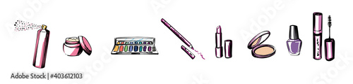 A hand-made set of cosmetics. Nail polish, mascara, lipstick, eye shadow, face cream, powder, lipstick, hairspray, lip pencil. Vector illustration on a white isolated background.