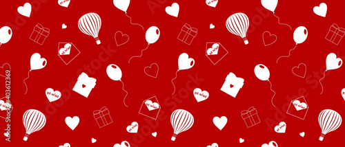 Seamless valentine day pattern with white hearts, balloons, messages, gift boxes on red background. Ready template for design, postcards, print, packaging, party, textile. Vector illustration