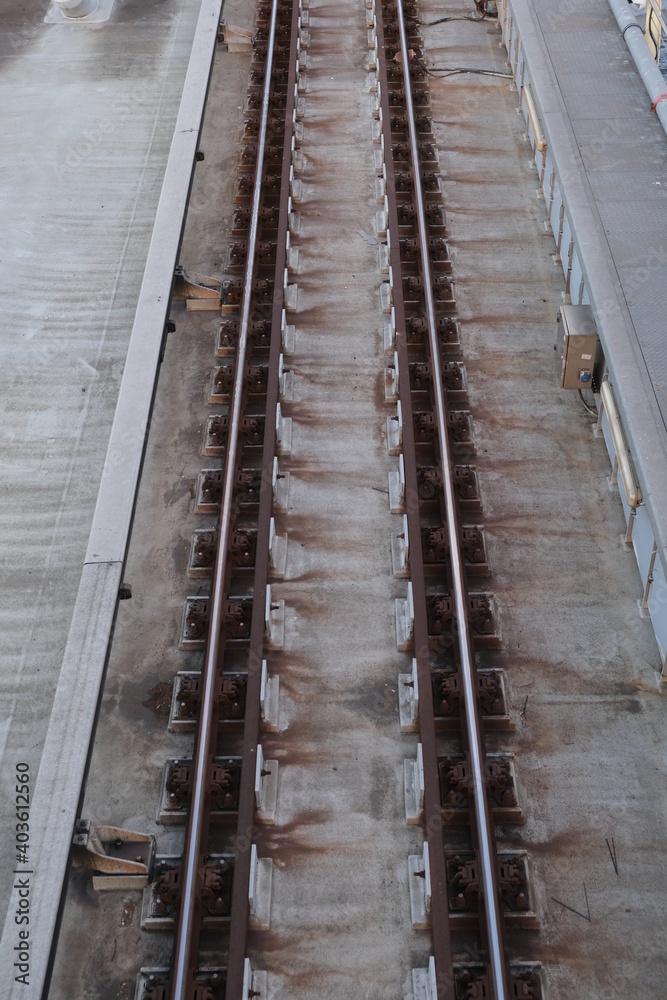 Railroad tracks. Steel railway for trains and subways.
