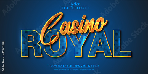 Casino Royal text, shiny golden and blue color style editable text effect