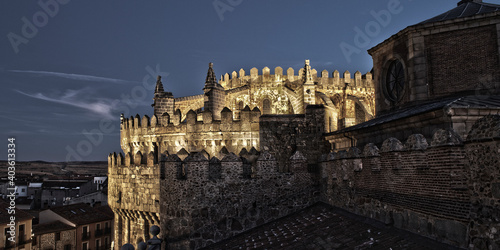 Apse of the cathedral of Ávila, at night, from outside, at the top of the rampart wall