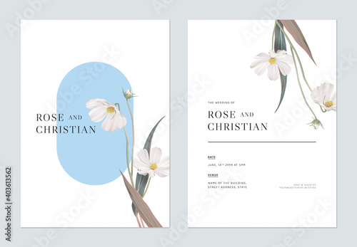 Floral wedding invitation card template design, white cosmos flowers with leaves