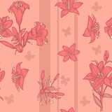 Lily flowers. Seamless pattern for wallpaper and fabric. Background illustration. Hand drawing outline. Flowering of garden plants. Abstract plant picture. Vector