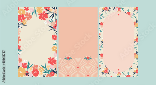 Social media stories background set. Minimalistic 9x16 floral backgrounds for social media. Floral frames and line art. Trendy templates for brand presentation. Trendy vector illustrations.