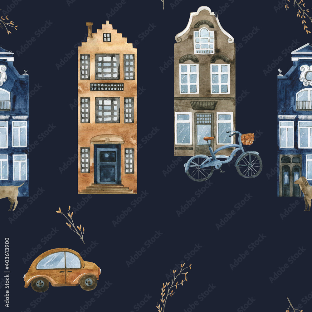 pattern with illustration of city on blue background