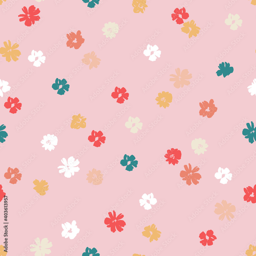 Small colorful flowers on a pink background seamless pattern design. Trendy illustrated vector pattern for brand identity, stationery, wrapping, and wallpapers. Minimalistic floral background.