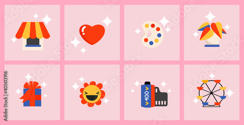 Modern icons for Instagram story highlights. Playful, cartoony Instagram story Highlights. Modern pink stickers. Isolated vector elements for Web and print. Collection of illustrated elements. 