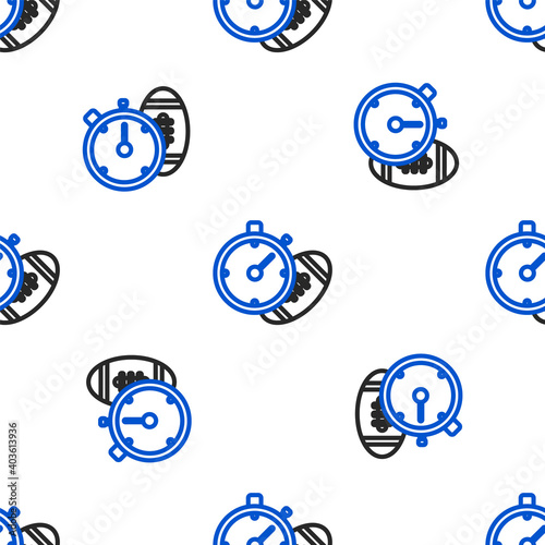 Line American Football ball and stopwatch icon isolated seamless pattern on white background. Set of sport equipment. Colorful outline concept. Vector.