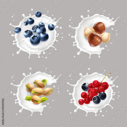 Fototapeta Naklejka Na Ścianę i Meble -  Nuts and berries in milk splash. Hazelnuts, pistachio, blueberry, red currant