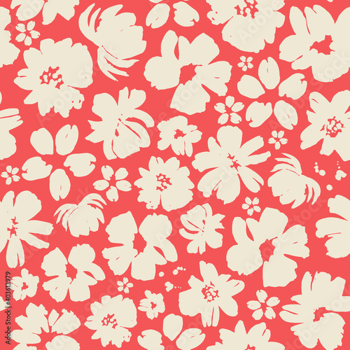 Beige flowers on a red background seamless pattern design. Trendy illustrated vector pattern for brand identity, stationery, wrapping, and wallpapers. Minimalistic floral background. Floral shapes.
