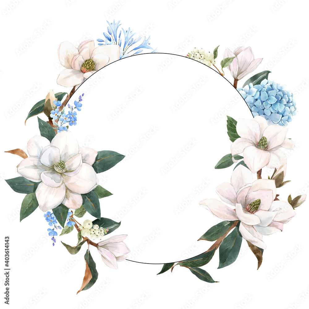 Beautiful stock illustration with gentle hand drawn watercolor floral composition. Magnolia flowers. Beautiful stock illustration with gentle hand drawn watercolor floral composition. Magnolia flowers.