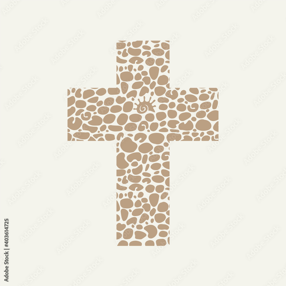 Sign of the Christian cross with an abstract texture of pebbles. Creative vector illustration of religious symbol, icon, logo, t-shirt design, graphic print, design element