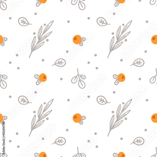Seamless pattern with leaves, berries and floral elements for newborn girl or boy. Childish creative floral pattern in minimalistic style. Nursery print for textile, apparel, wrapping paper, fabric