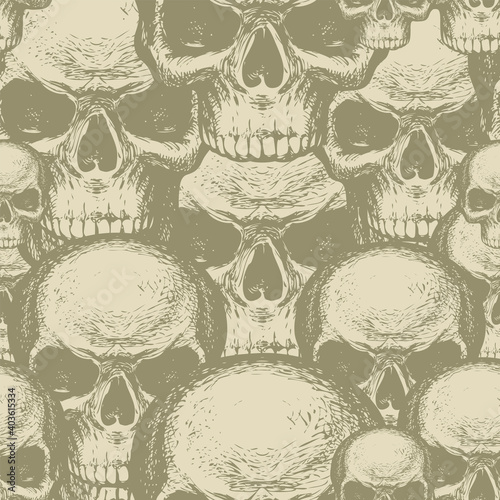 Seamless pattern with human skulls. Vector background with hand-drawn skulls. Graphic print for apparel, design element for halloween party, fabric, wallpaper, wrapping paper in beige colors