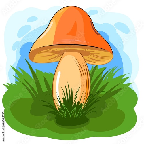 Mushroom on the background of meadows and sky. Cartoon flat style. Scenery. Isolated on white. A beautiful forest mushroom. Vector