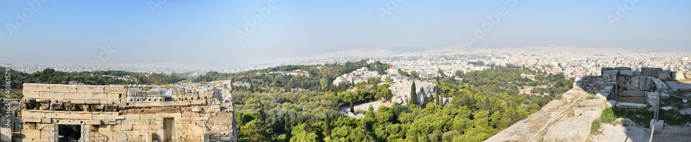 Panoramic view of the main monuments and places of Athens (Greece). View of the city of Athens from the Acropolis
