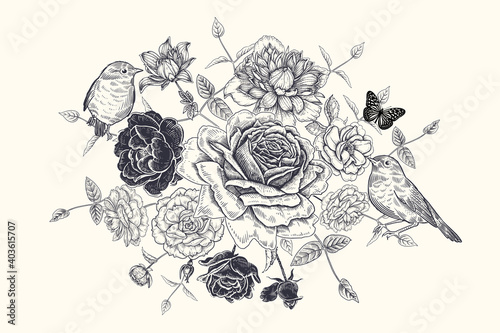 Bouquet of flowers, birds and butterfly. Floral decoration. Vector.