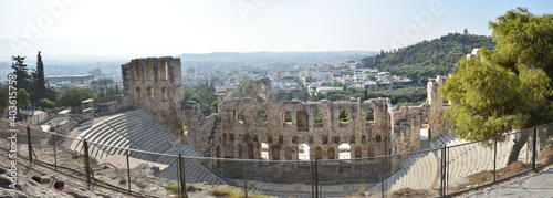 Panoramic view of the main monuments and places of Athens (Greece). Ruins of the Theater of Dionysus or Herod Attic, below the Acropolis 