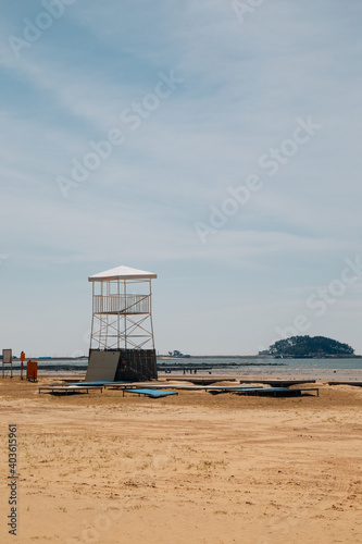 Cheongpodae beach and lifeguard tower in Taean, Korea